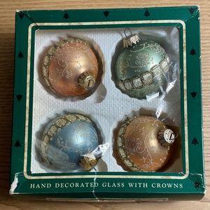 Vintage Christmas Classics Glass Ornaments w Glitter & Ribbon Set of 4 2”